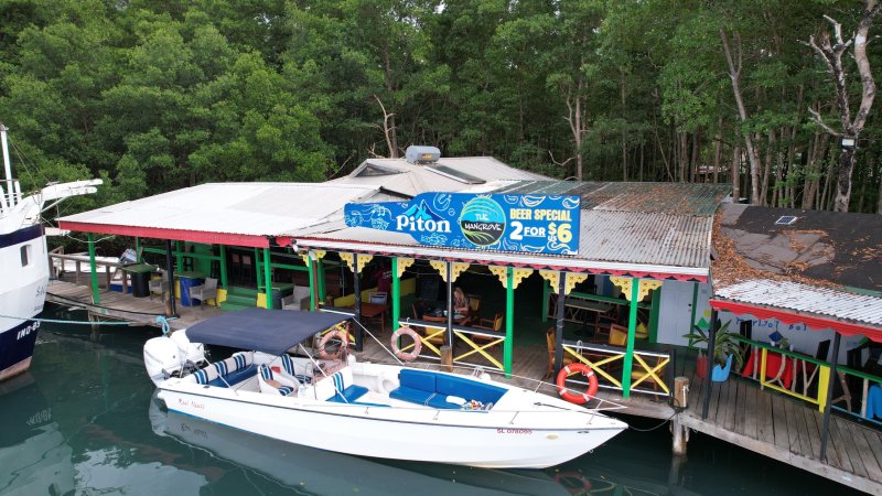 Colorful riverside bar with a docked boat, surrounded by lush trees.
